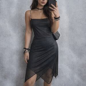 Vintage Y2K Rocket Candy Black Beaded Strap Sheer Glitter Maxi Slip Medium